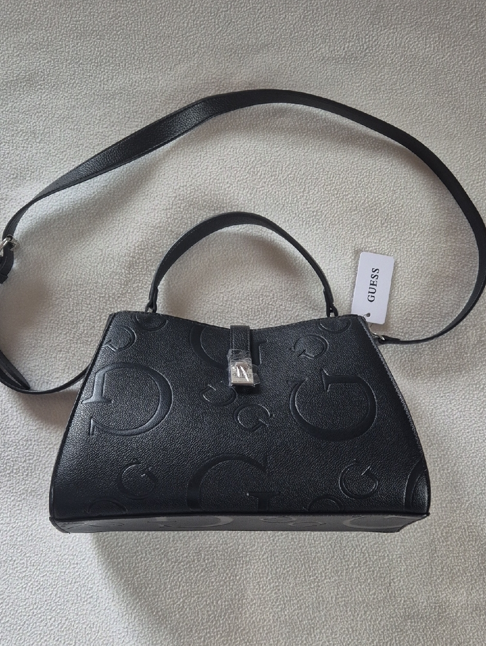 GUESS Black Embossed Logo Top-Handle Satchel with Shoulder Strap